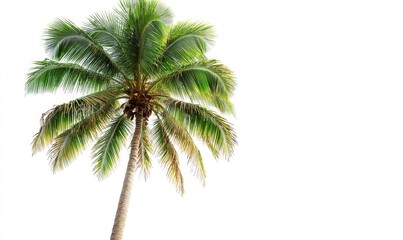 Tropical Coconut Palm Tree Overlooking Turquoise Ocean on a Sunny Day, Isolated on White Background, Perfect for Tropical Travel and Summer Vacation