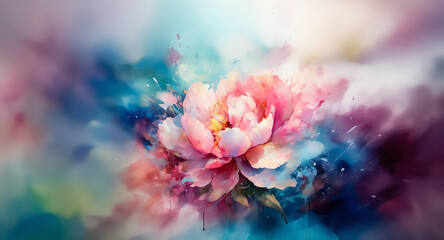 Fototapeta premium Dreamy watercolor artwork of a soft pink flower with a yellow center. Gentle brushstrokes and blended colors create a delicate and artistic floral image.