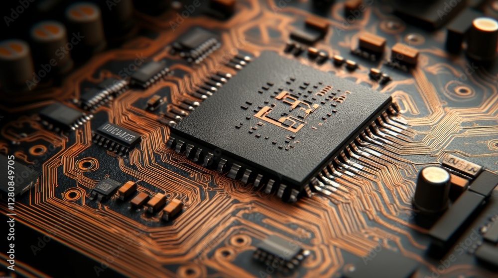 Poster exploring the detailed features of a luminous microchip on a circuit board at 4k resolution