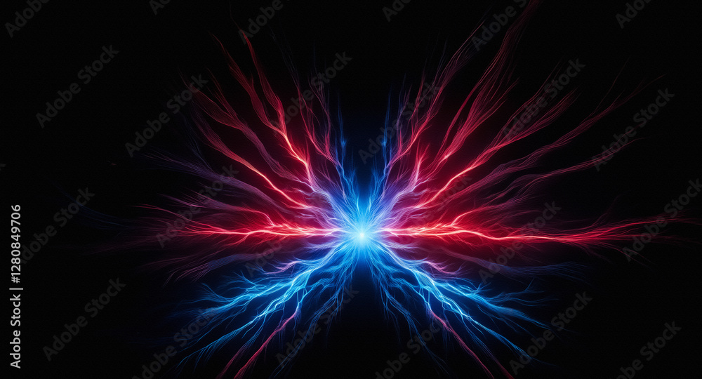 Aufkleber a vibrant burst of energy emanates from a central point against a dark backdrop. red and blue stream
