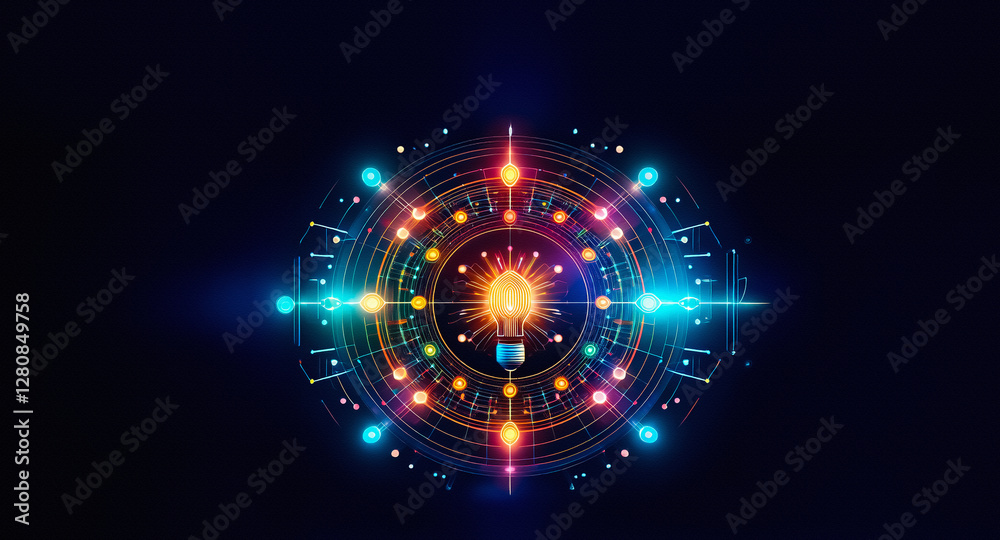 Aufkleber Abstract artwork featuring a circular, symmetrical design with vibrant, glowing lights on a deep dark background, creating a futuristic and technological feel.