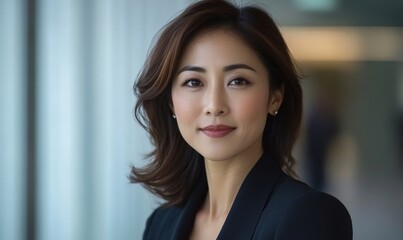 Fototapeta premium Professional Asian Businesswoman in Formal Attire, Confident Expression, Modern Office Setting, Career Success Concept