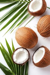 Coconuts with leaves on a white background, selective focus, Generative AI,