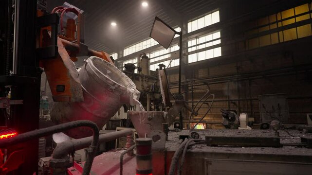 Gabelstabler arm, Metallguss, Industriehalle, Maschinen, Staub, Lichtstrahlen, Automatisierung, Rohrleitungen, Gie&szlig;form.