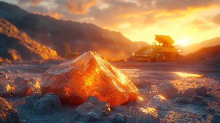 Large raw monazite ore with rough texture in a mining site, heavy machinery in background

