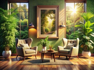 Fototapeta premium Cozy chairs and lush greenery bask in sunlight within a serene living room, a blank canvas awaits.
