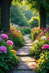 A meandering stone path through a garden filled with flowers, scenery, colorful