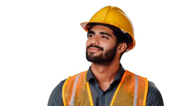 Portrait of a construction worker wearing helmet and looking up, isolated on transparent background
