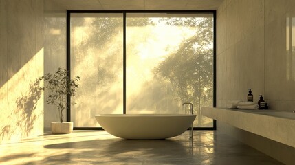 A serene, modern bathroom with a freestanding tub, large windows allowing natural light, and minimalist decor, creating a peaceful atmosphere.