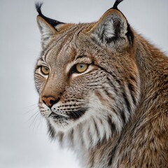 Obraz premium A lynx with a proud expression, looking straight ahead with a pure white background.