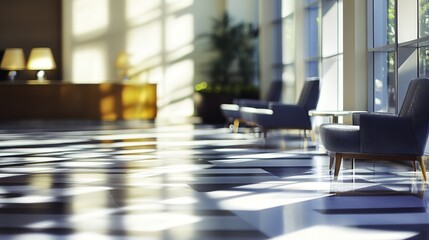 Obraz premium A modern interior space featuring simple furniture, clean lines, and a minimalistic design bathed in natural ambient light, with a beautifully blurred background