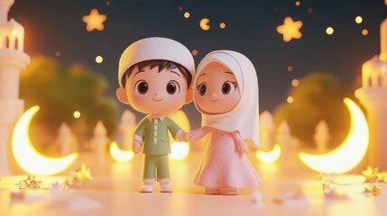 Adorable Animated Characters Holding Hands Under a Starry Night with Crescent Moons