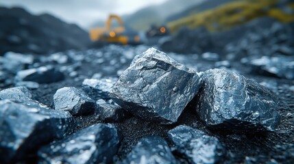 Obraz premium Rough thulium ore chunks with metallic sheen in a mining site, heavy machinery in background
