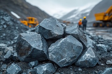 Rough thulium ore chunks with metallic sheen in a mining site, heavy machinery in background

