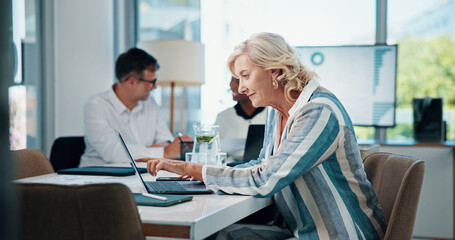 Obraz premium Business, mature woman and meeting with laptop for research, review information and financial report. Person, accountant and online for bookkeeping, investment feedback and company revenue for growth