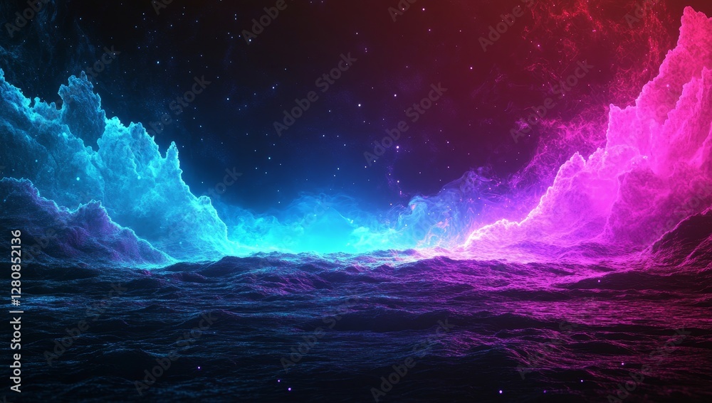 Poster a futuristic backdrop featuring cybernetic patterns, shimmering particles, and 3d abstract elements,