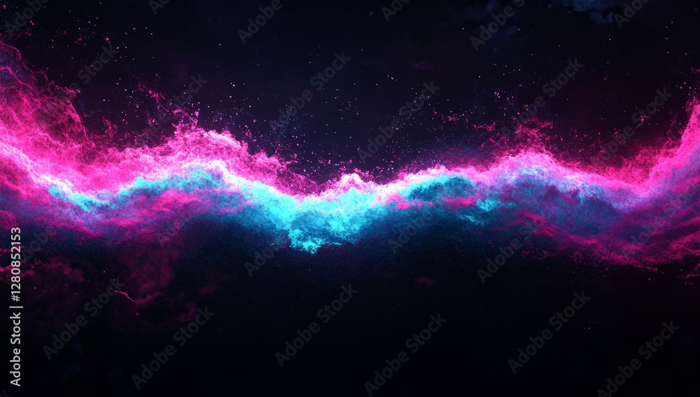 Poster futuristic visuals of cybernetic designs, shimmering particles, and abstract 3d backgrounds are comb