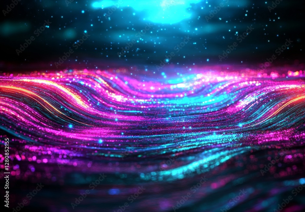 Poster the background is a dark abstract representation of technology, incorporating a blue purple wave lin