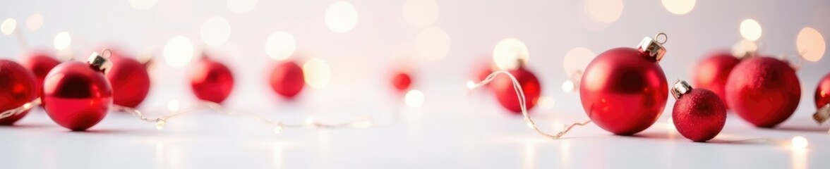 Bright red Christmas balls scattered on a pristine white background, festive, holiday lights