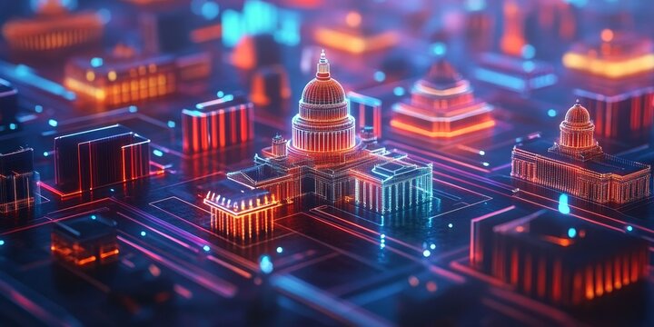 Conceptual Visualization of Public Sector Services and Government Departments Represented in Holographic Icons