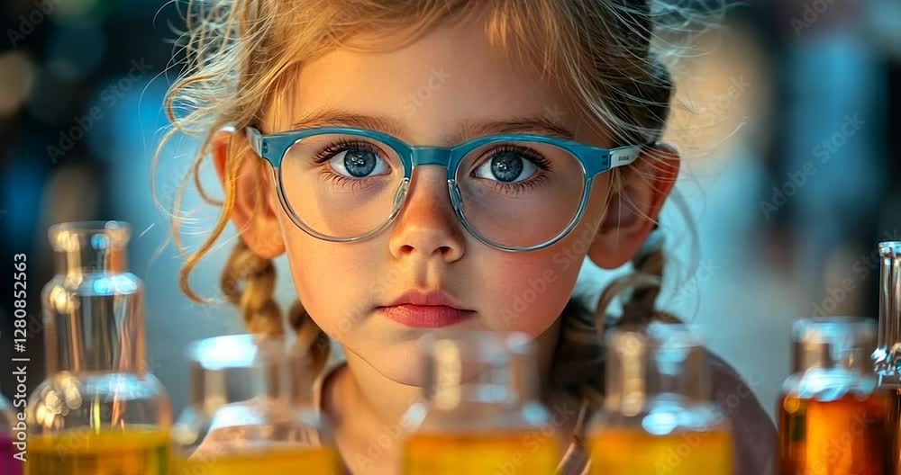 Aufkleber portrait of a child wearing glasses looking at a colorful glassware bottles in laboratory setting