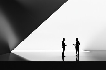 Two silhouetted figures engaged in negotiation within a modern architectural space during a bright day. Generative AI