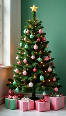 Decorated Christmas tree with pink and green presents, green, presents