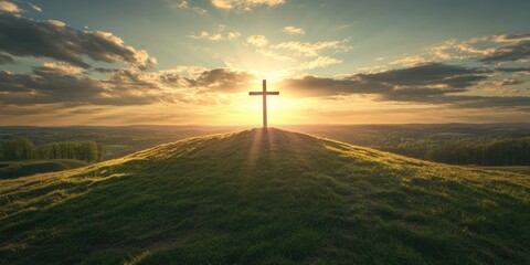 Obraz premium Sunrise Cross on Grassy Hill