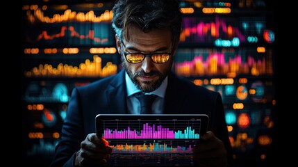 Business professional analyzing market trends on tablet in a high-tech office environment