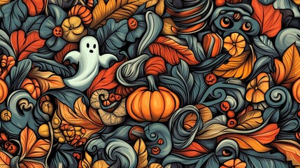 Fototapeta premium Halloween pattern seamlessly combines skulls, bats, ghosts, pumpkins, bones, candies, all in white and black