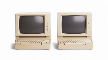Vintage beige computers with crt monitors and keyboards on transparent background