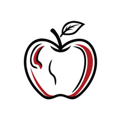 A simple, graphic black and red line art illustration of an apple with visible imperfections or damage.