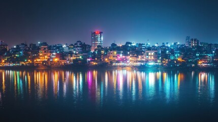 Obraz premium Illuminated cityscape reflecting on calm river at tranquil dusk hour