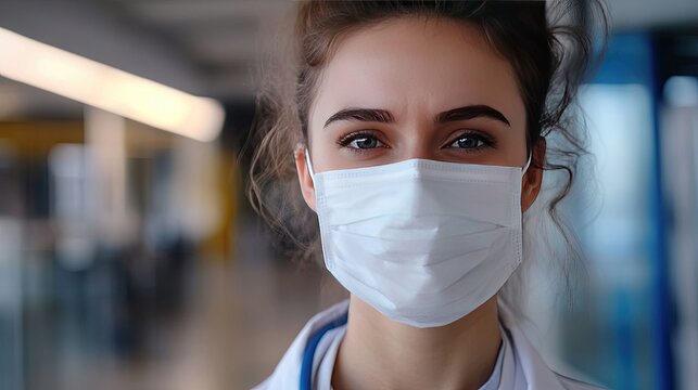 Composition of World Day for Safety and Health at Work with female doctor wearing a face mask for workplace health safety.