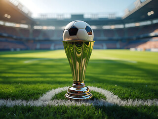 A soccer ball resting atop a golden trophy on a vibrant green field within a stadium setting view