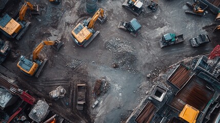 Aerial view of construction site with heavy machinery and debris.