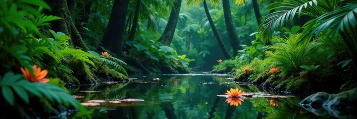 Fototapeta premium Fern fronds and flowers in a dark tropical forest pool, greenery, wetlands