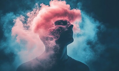Surreal Dreamlike Concept of Man with Pink Cloud Instead of Head, Abstract Brain and Dreaming Mind Representation, Imaginative and Ethereal Mood, Fantasy and Imagination, Enigmatic and