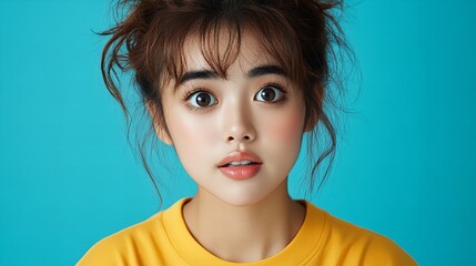 Naklejka premium Close-up portrait of a surprised young Asian woman with her hair in messy buns, wearing a yellow shirt against a vibrant teal backdrop.