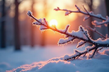 Obraz premium Frosty branch stretches towards golden sunset, branch details, snow, winter