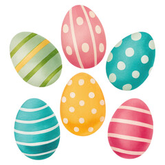 Fototapeta premium Colorful Assortment of Easter Eggs with Stripes and Dots on a Transparent Backdrop