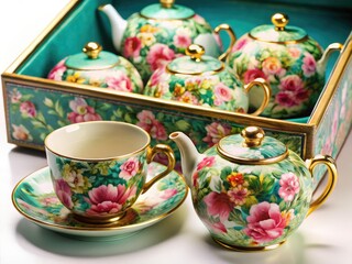 Fototapeta premium Exquisite floral teacup set: A beautiful, premium gift box for tea lovers, ideal for elegant gatherings.