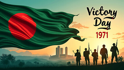 Bangladesh victory day illustration with flag soldiers and building commemorating the event in the year