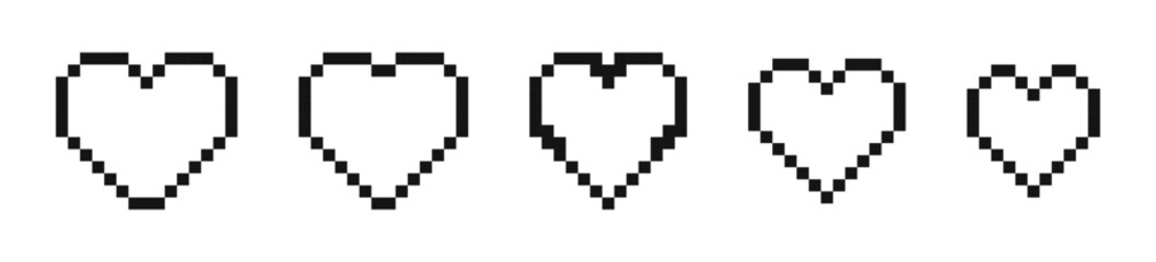Pixel art heart. Vector art 8 bit health heart bar. Pixel heart icon set. Pixel game life bar.