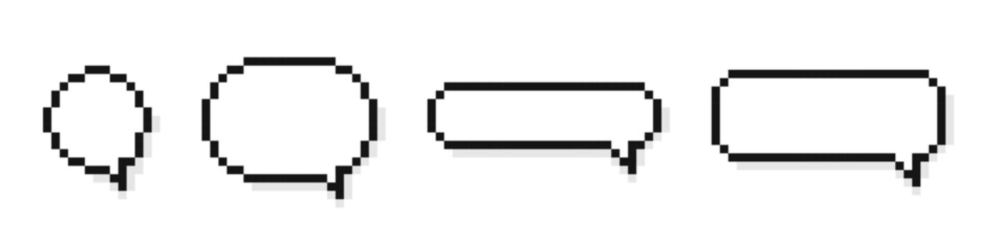 Pixel speech bubbles. Chat speech or dialogue. Empty pixelated speech bubbles. Chat bubbles in pixel art style.