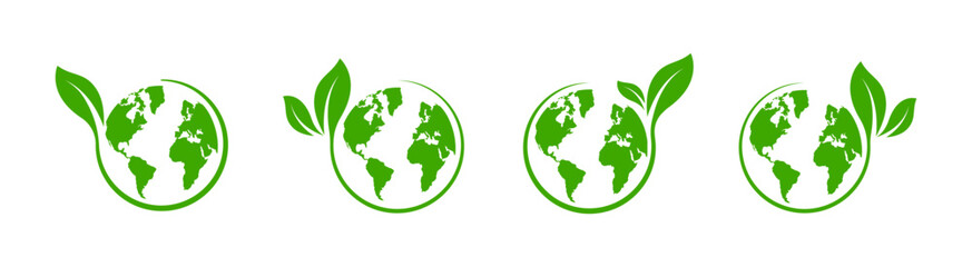 Ecology Planet and Leaf . Green earth planet icon, world ecology, nature eco environment. Globe with leafs. Earth Nature Care.