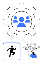 Gear with group icons, individual running icon, and magnifying glass focusing on risk. Ideal for teamwork, risk management, problem-solving, efficiency, collaboration, agility abstract line flat