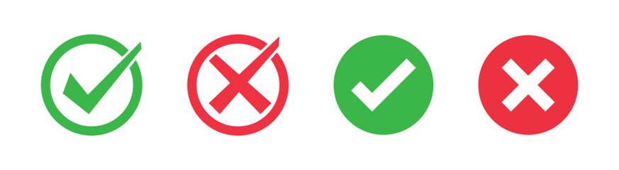 Check mark icon set. Checkmark, cross mark icon set. Checkmark and X mark icons.