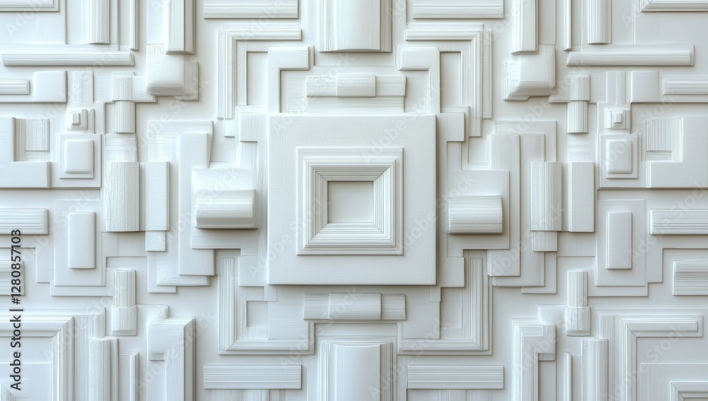 Poster white cube boxes that have been randomly shifted serve as a barrier to the background, representing 