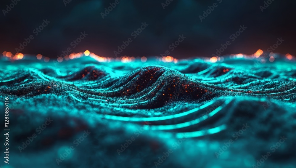 Poster creating a futuristic 3d wave background with dynamic green dots and abstract digital technology inn